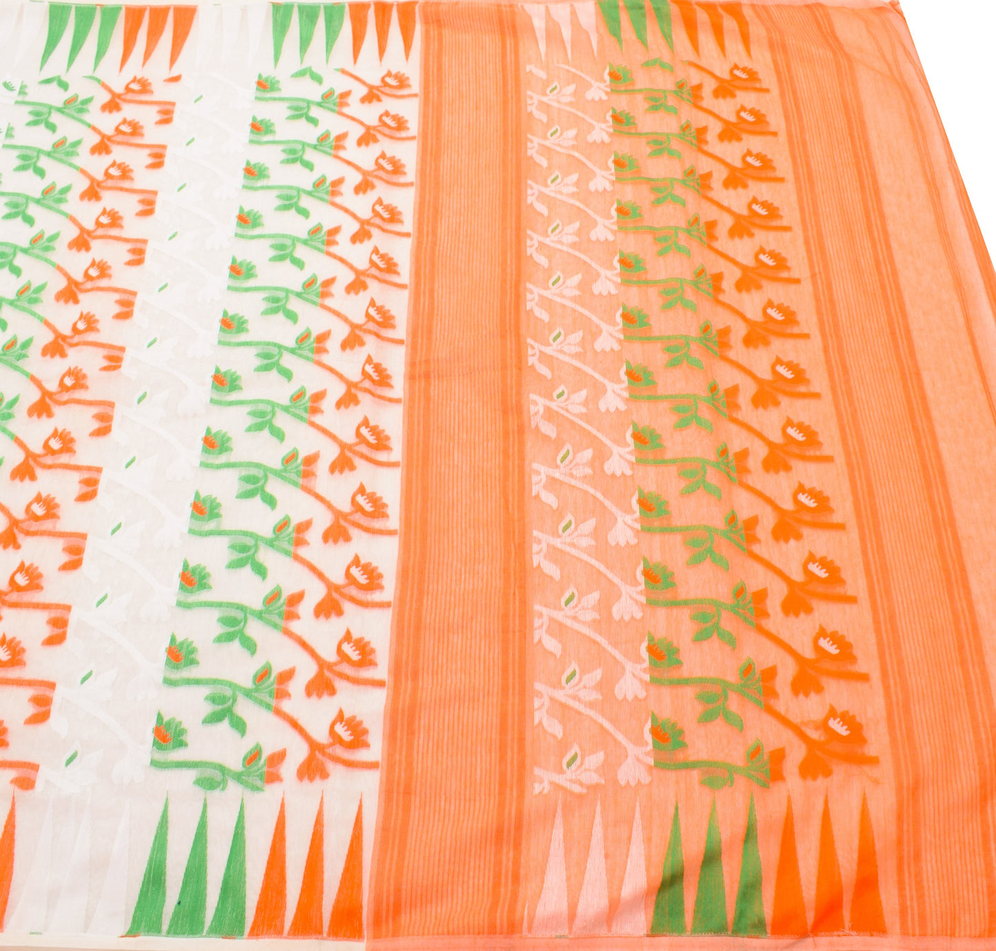 Sushila Vintage White Orange Sari Cotton Art Jamdani Woven Saree Floral Fabric