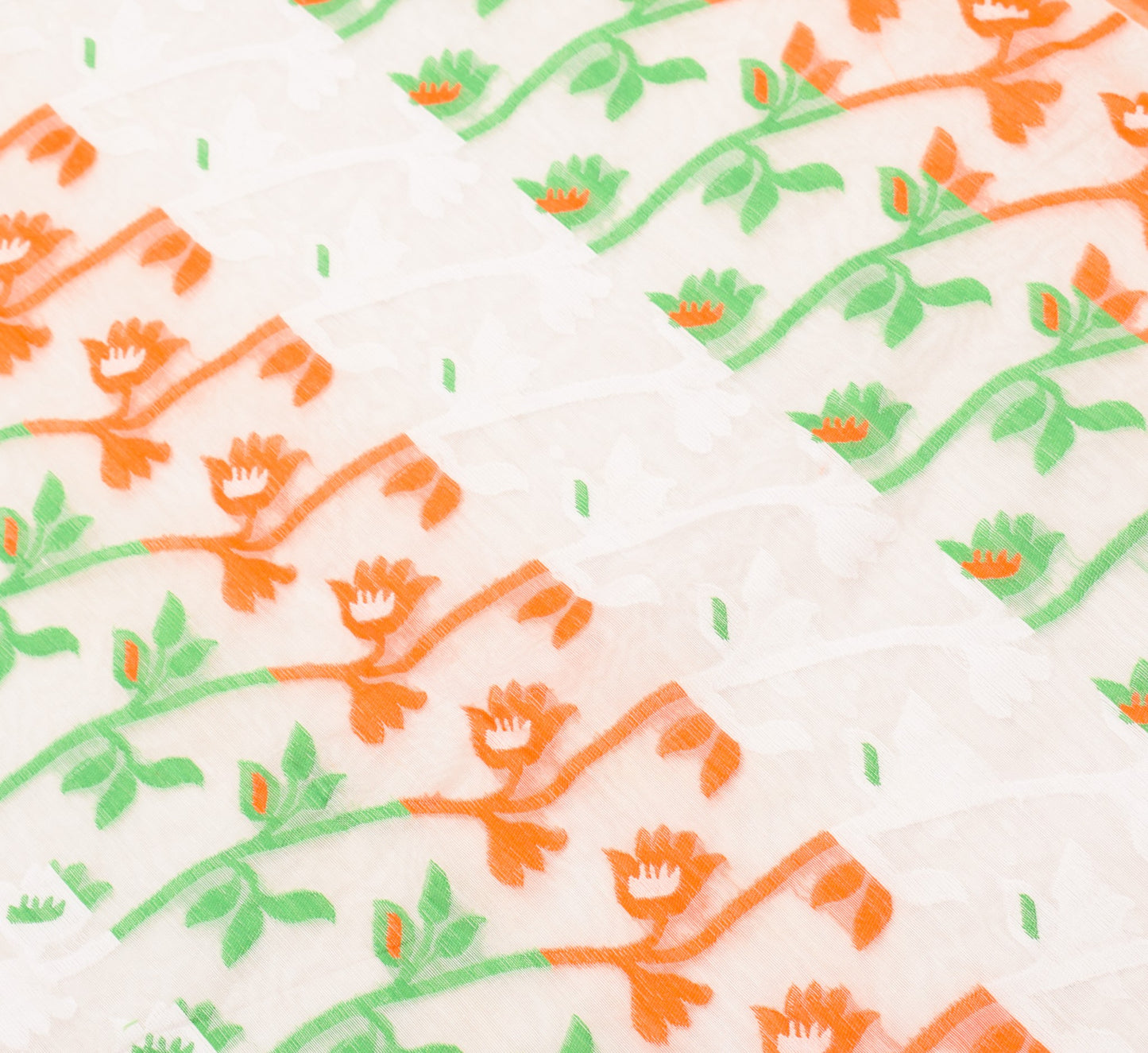 Sushila Vintage White Orange Sari Cotton Art Jamdani Woven Saree Floral Fabric