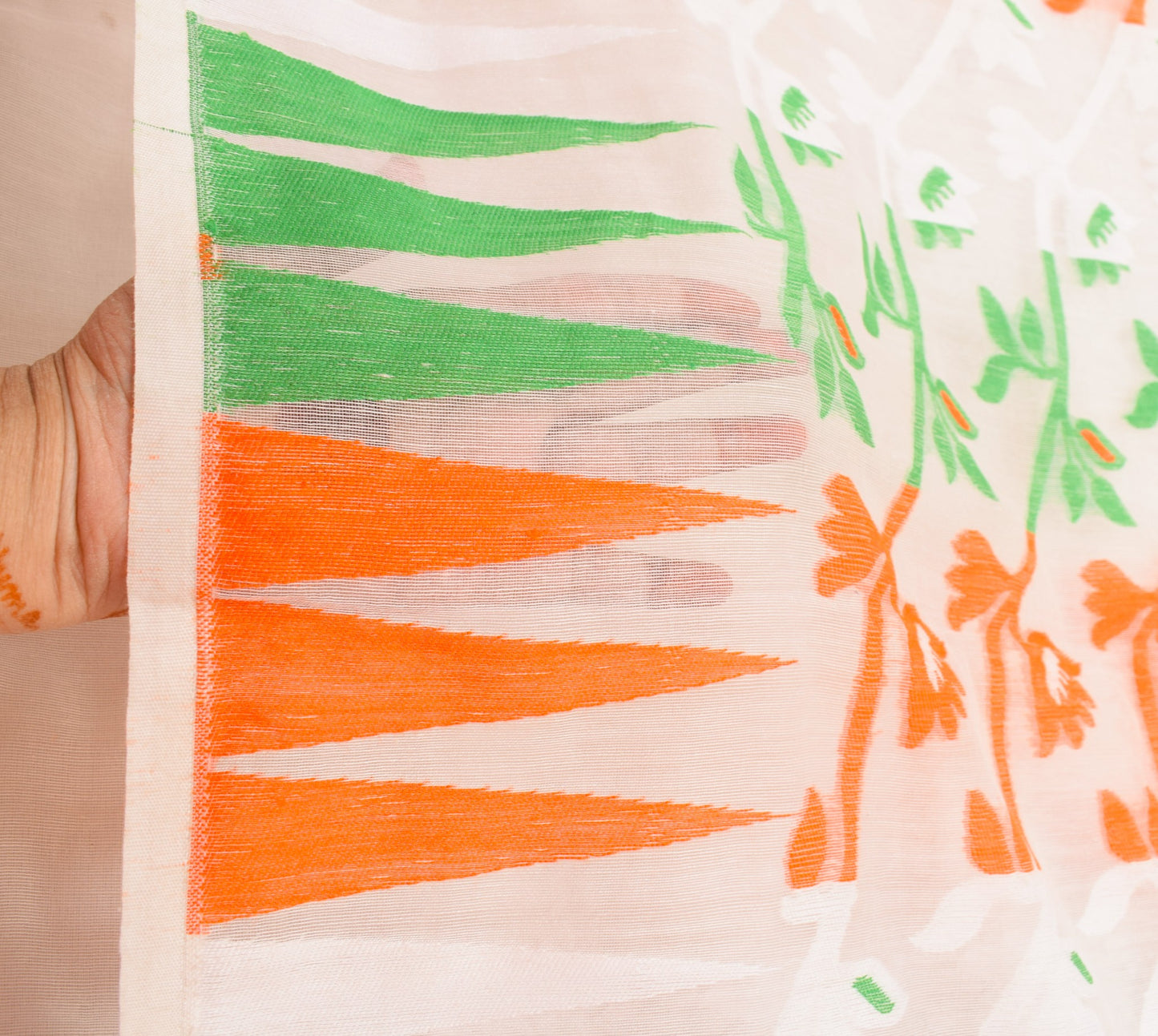 Sushila Vintage White Orange Sari Cotton Art Jamdani Woven Saree Floral Fabric