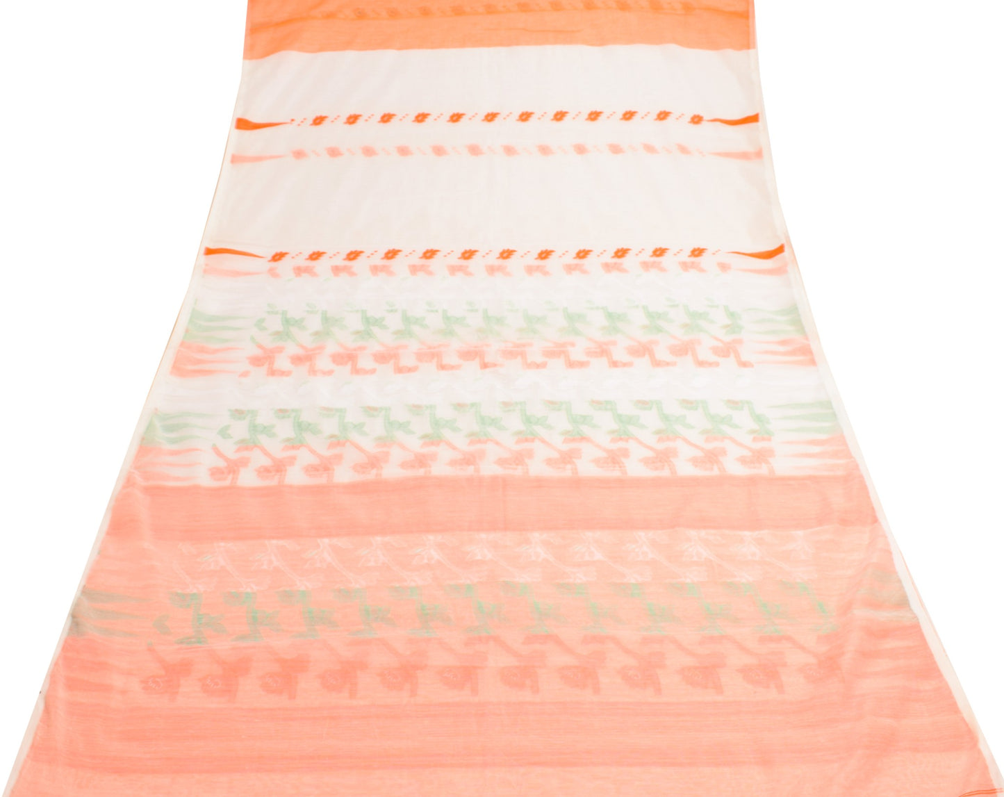 Sushila Vintage White Orange Sari Cotton Art Jamdani Woven Saree Floral Fabric