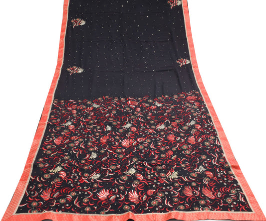 Sushila Vintage Black Floral Saree Pure Crepe Silk Embroidery Classy Sari Fabric