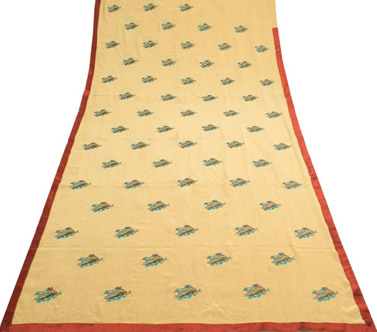 Sushila Vintage Beige Hand Embroidered Saree Pure Crepe Silk Parrot Sari Fabric