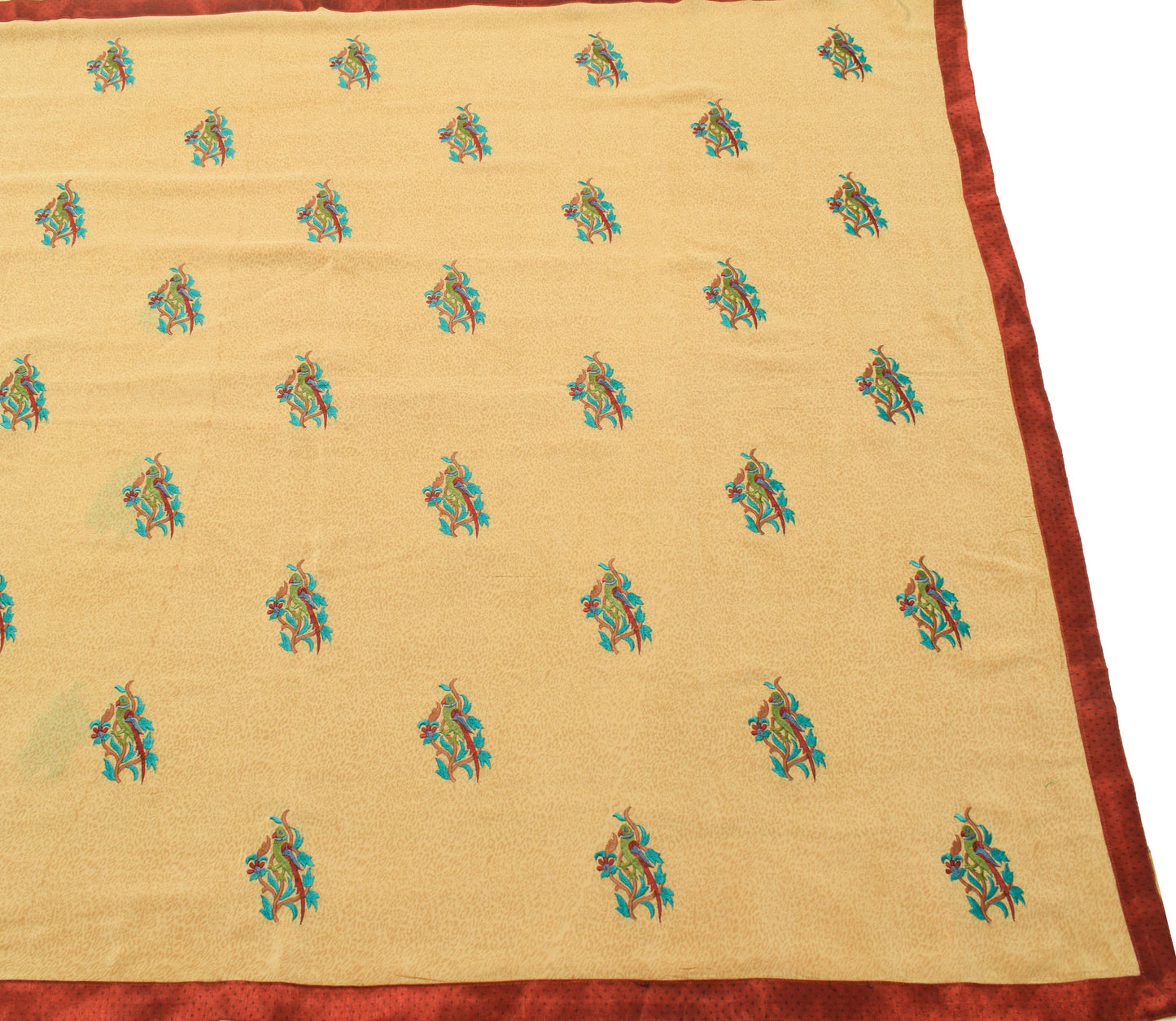 Sushila Vintage Beige Hand Embroidered Saree Pure Crepe Silk Parrot Sari Fabric