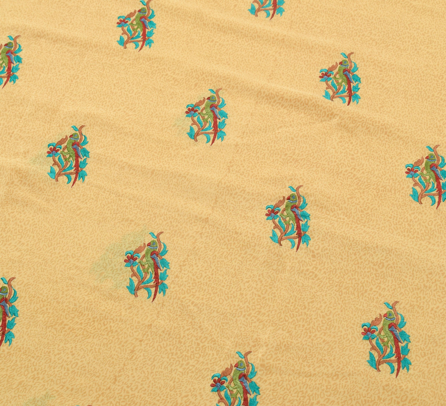 Sushila Vintage Beige Hand Embroidered Saree Pure Crepe Silk Parrot Sari Fabric