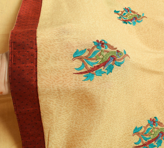 Sushila Vintage Beige Hand Embroidered Saree Pure Crepe Silk Parrot Sari Fabric