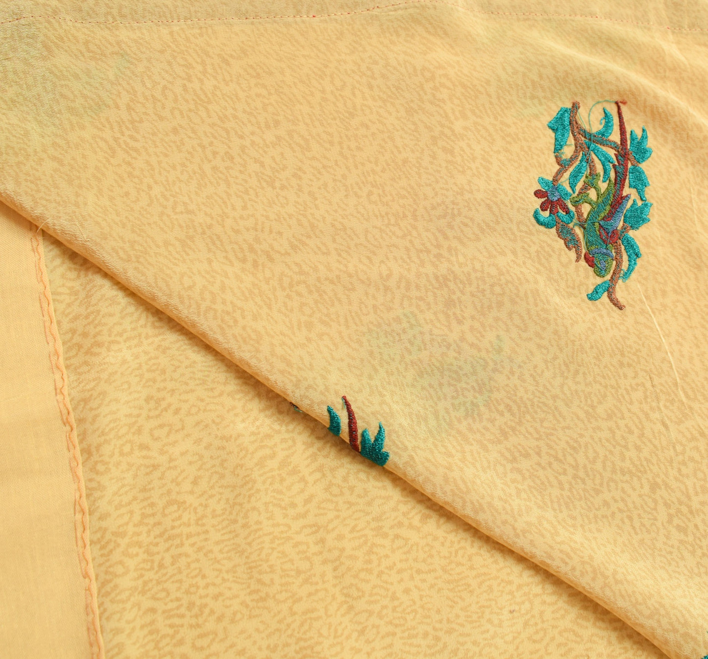 Sushila Vintage Beige Hand Embroidered Saree Pure Crepe Silk Parrot Sari Fabric