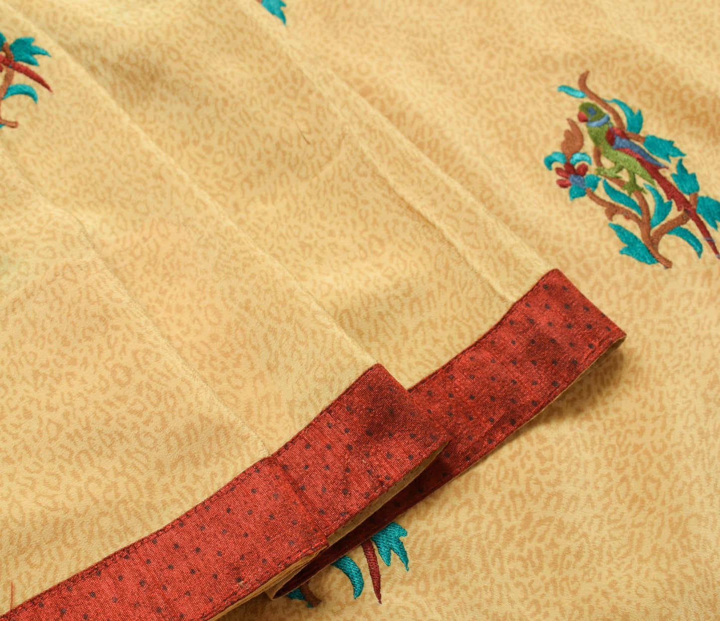 Sushila Vintage Beige Hand Embroidered Saree Pure Crepe Silk Parrot Sari Fabric
