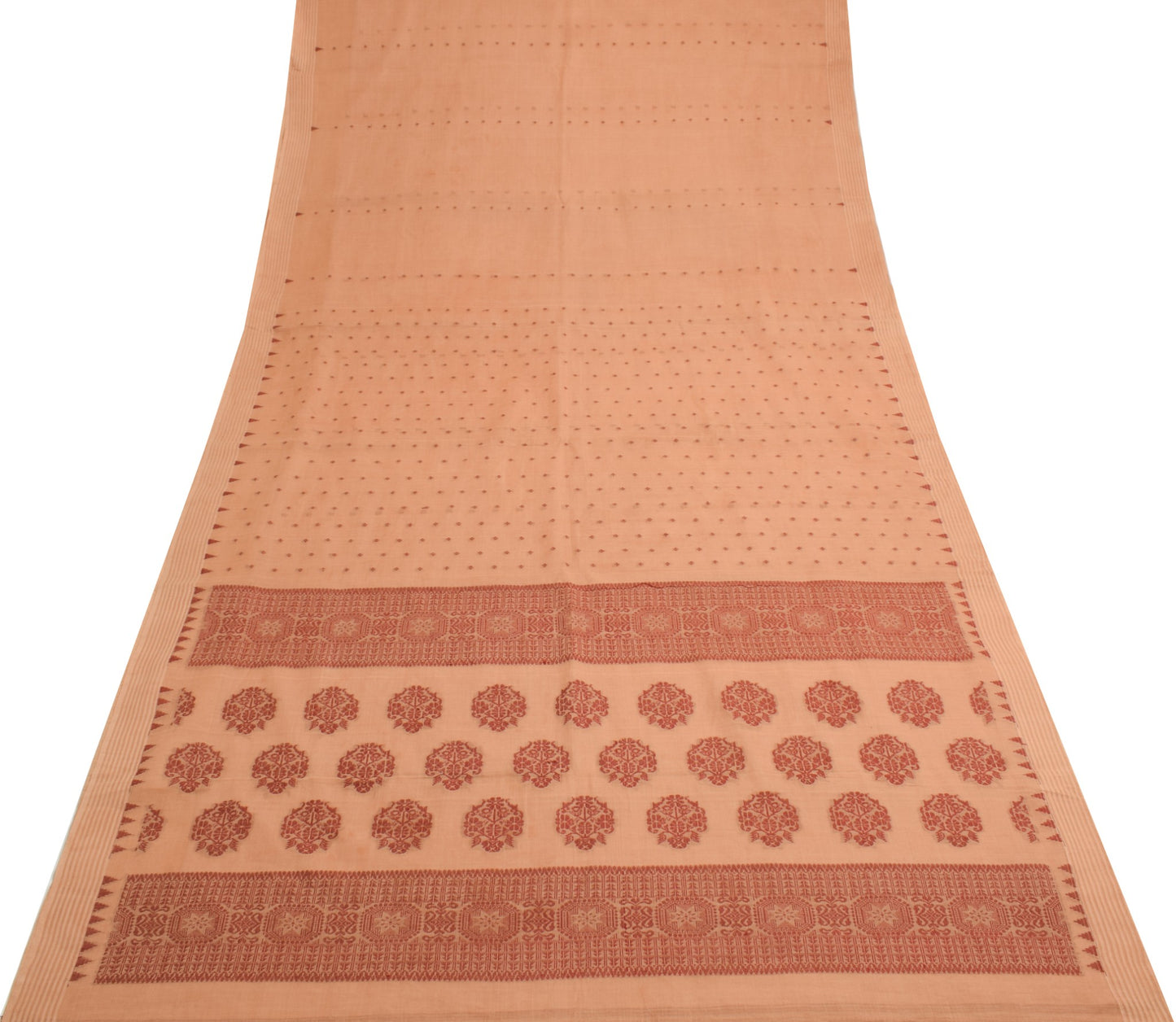 Sushila Vintage Light Copper Saree 100%Pure Cotton Hand Woven Floral Sari Fabric
