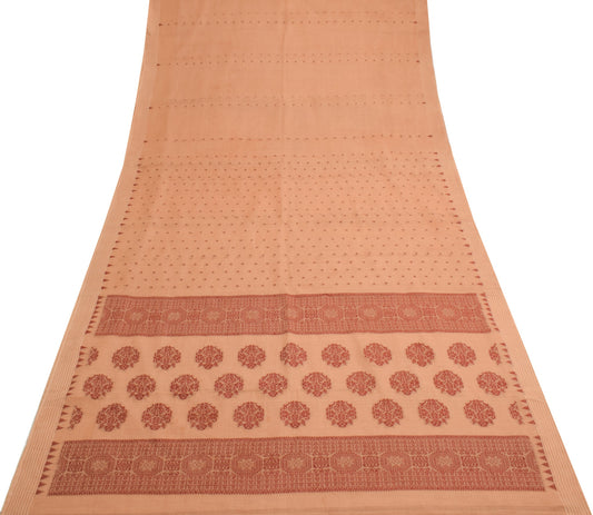 Sushila Vintage Light Copper Saree 100%Pure Cotton Hand Woven Floral Sari Fabric