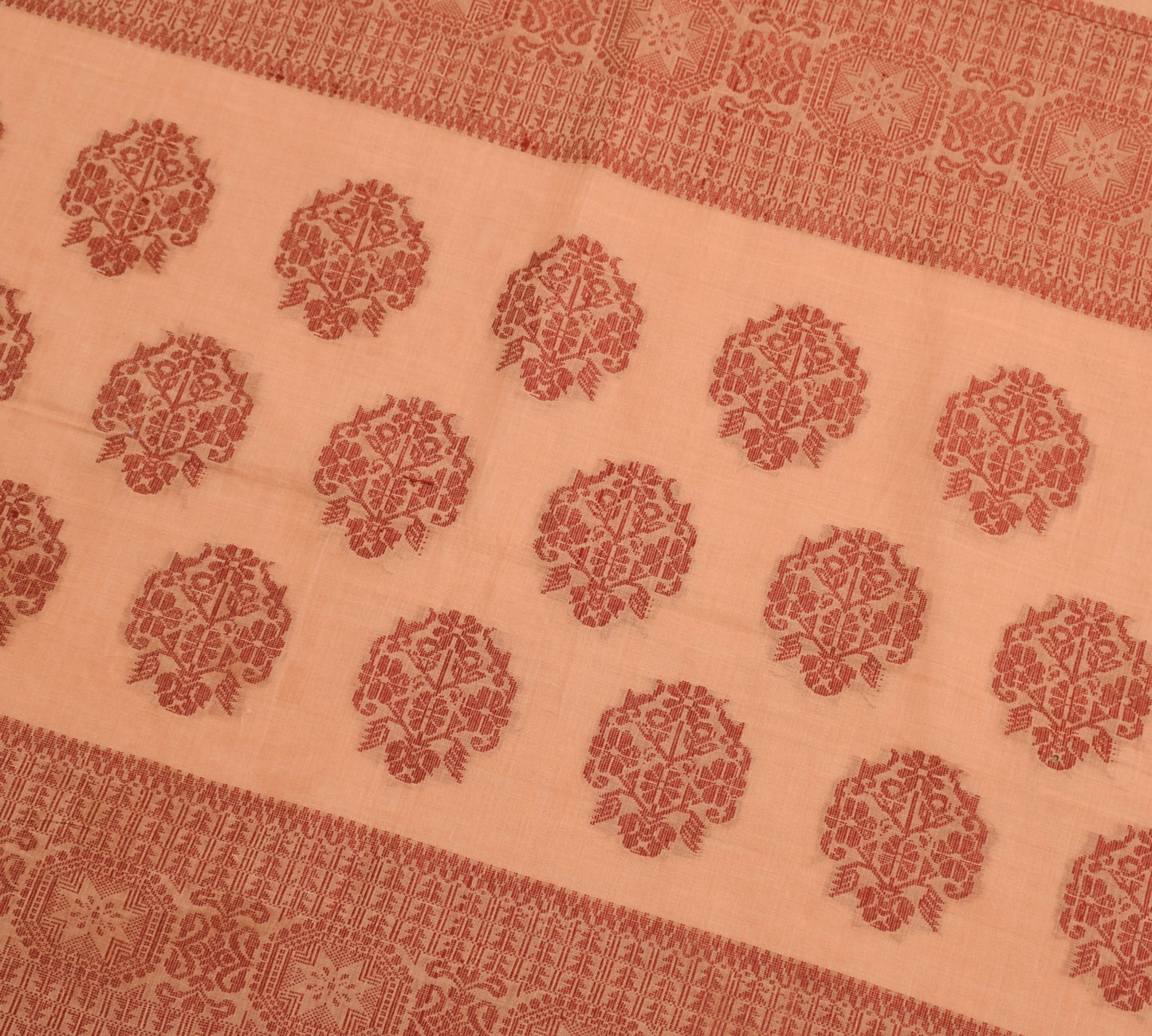 Sushila Vintage Light Copper Saree 100%Pure Cotton Hand Woven Floral Sari Fabric