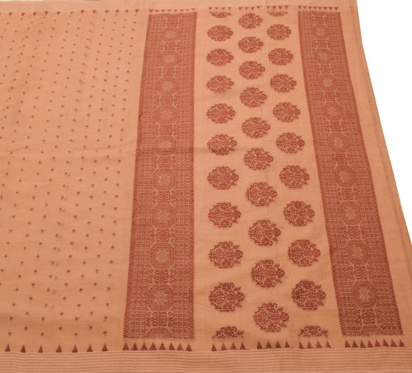 Sushila Vintage Light Copper Saree 100%Pure Cotton Hand Woven Floral Sari Fabric