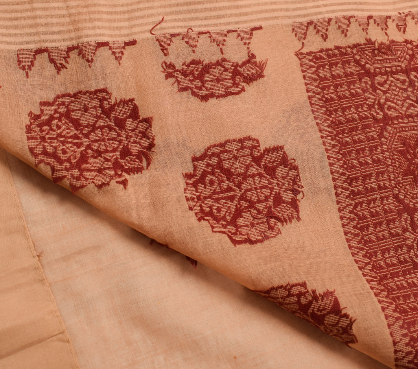 Sushila Vintage Light Copper Saree 100%Pure Cotton Hand Woven Floral Sari Fabric