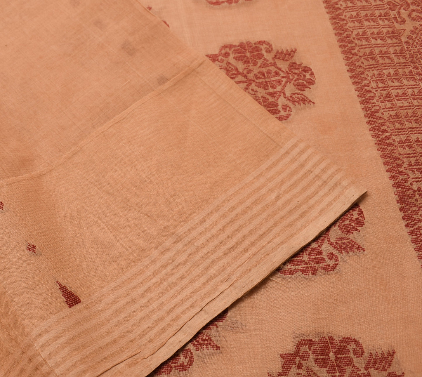 Sushila Vintage Light Copper Saree 100%Pure Cotton Hand Woven Floral Sari Fabric