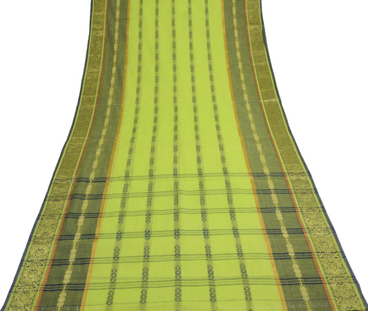 Sushila Vintage Traditional Bengal Sari Woven Handloom Cotton Green Saree Fabric
