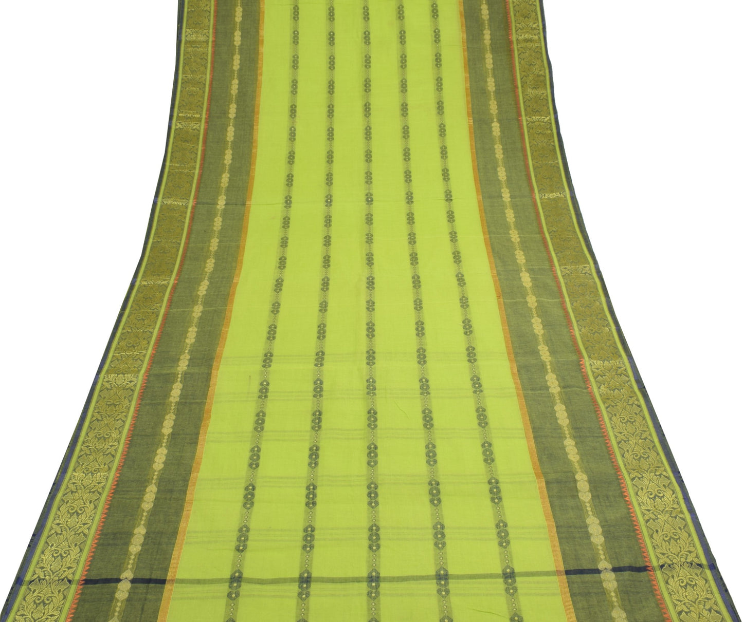 Sushila Vintage Traditional Bengal Sari Woven Handloom Cotton Green Saree Fabric