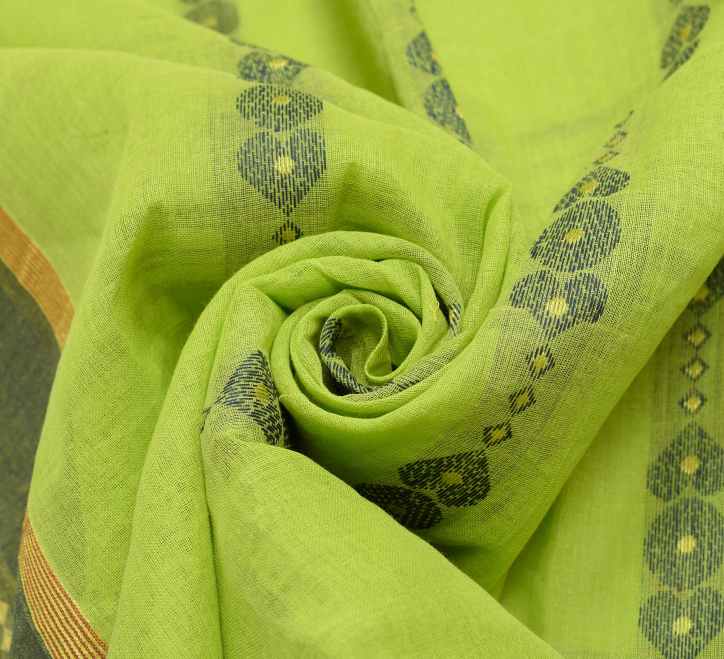 Sushila Vintage Traditional Bengal Sari Woven Handloom Cotton Green Saree Fabric