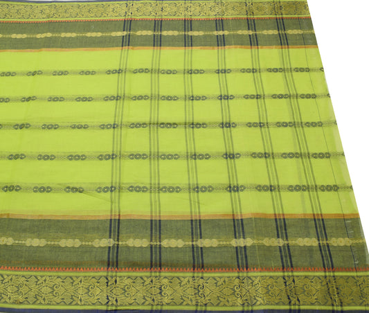 Sushila Vintage Traditional Bengal Sari Woven Handloom Cotton Green Saree Fabric