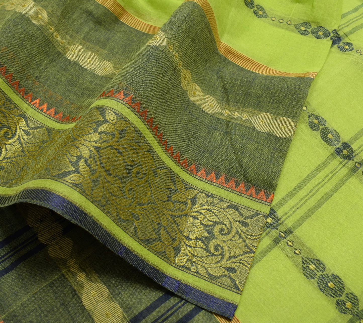 Sushila Vintage Traditional Bengal Sari Woven Handloom Cotton Green Saree Fabric