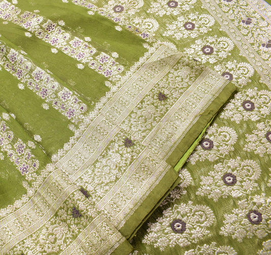 Sushila Vintage Banarasi/Broacde Saree Pure Cotton Silk Green HEAVY Sari Fabric