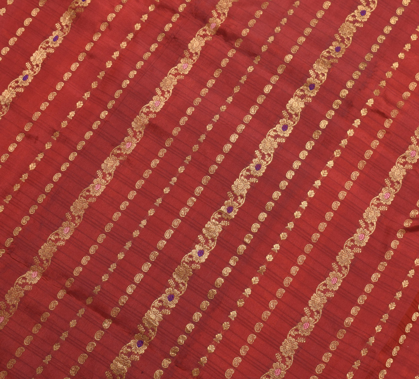 Sushila Vintage HRAVY Wedding Saree Pure Silk Zari Brocade Dark Red Sari Fabric