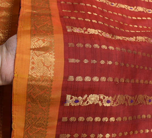Sushila Vintage HRAVY Wedding Saree Pure Silk Zari Brocade Dark Red Sari Fabric