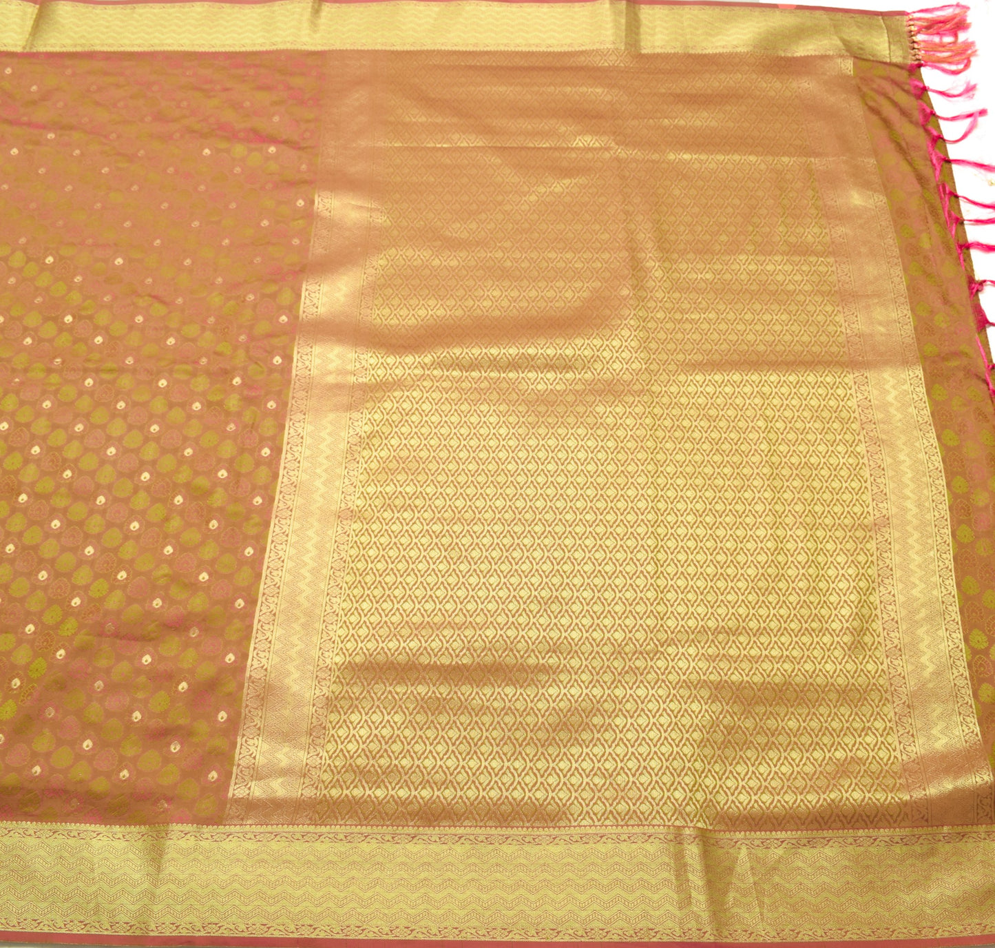 Sushila Vintage Green Pink Premium Saree Pure Silk Self & Zari Woven Sari Fabric