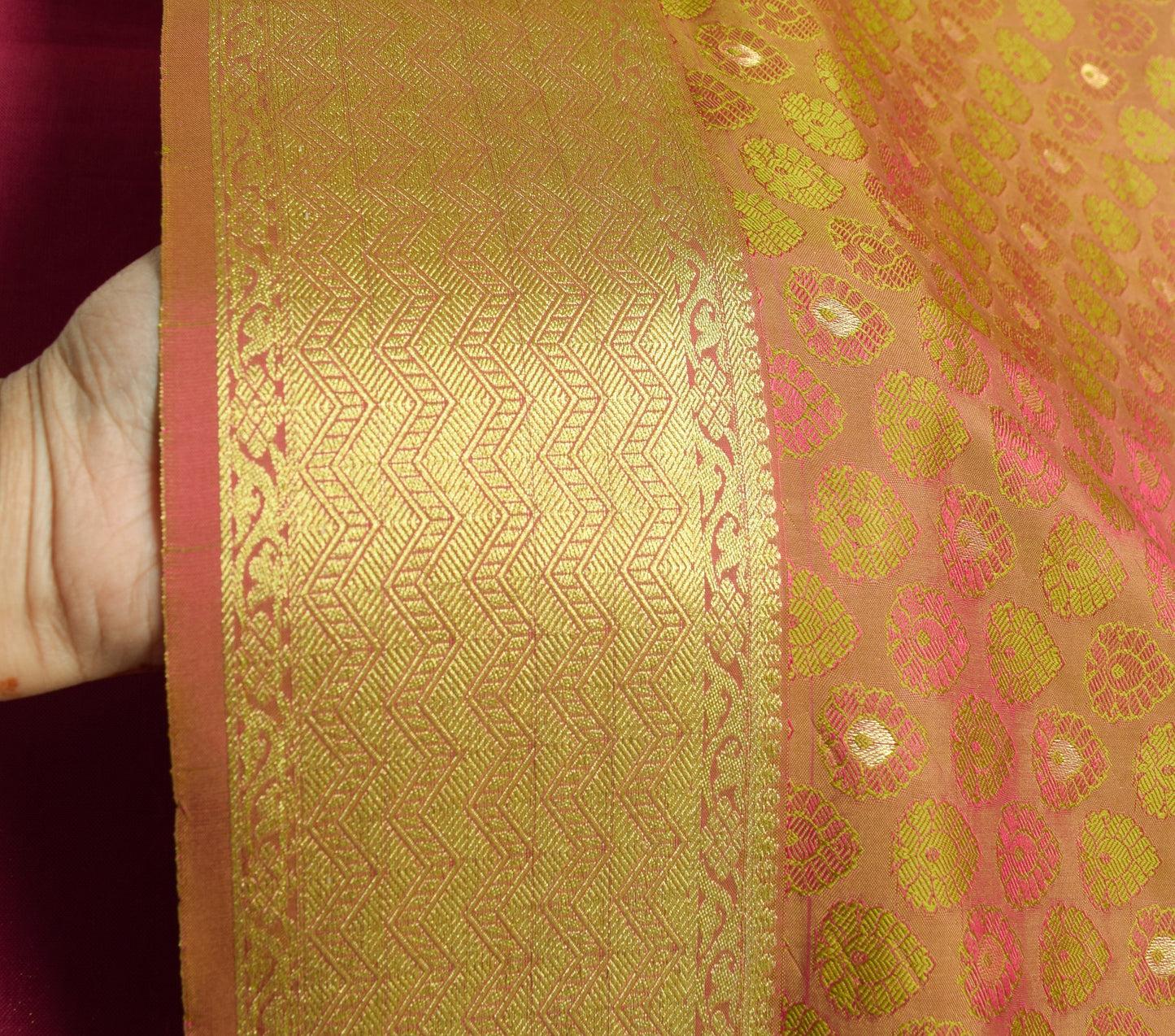 Sushila Vintage Green Pink Premium Saree Pure Silk Self & Zari Woven Sari Fabric