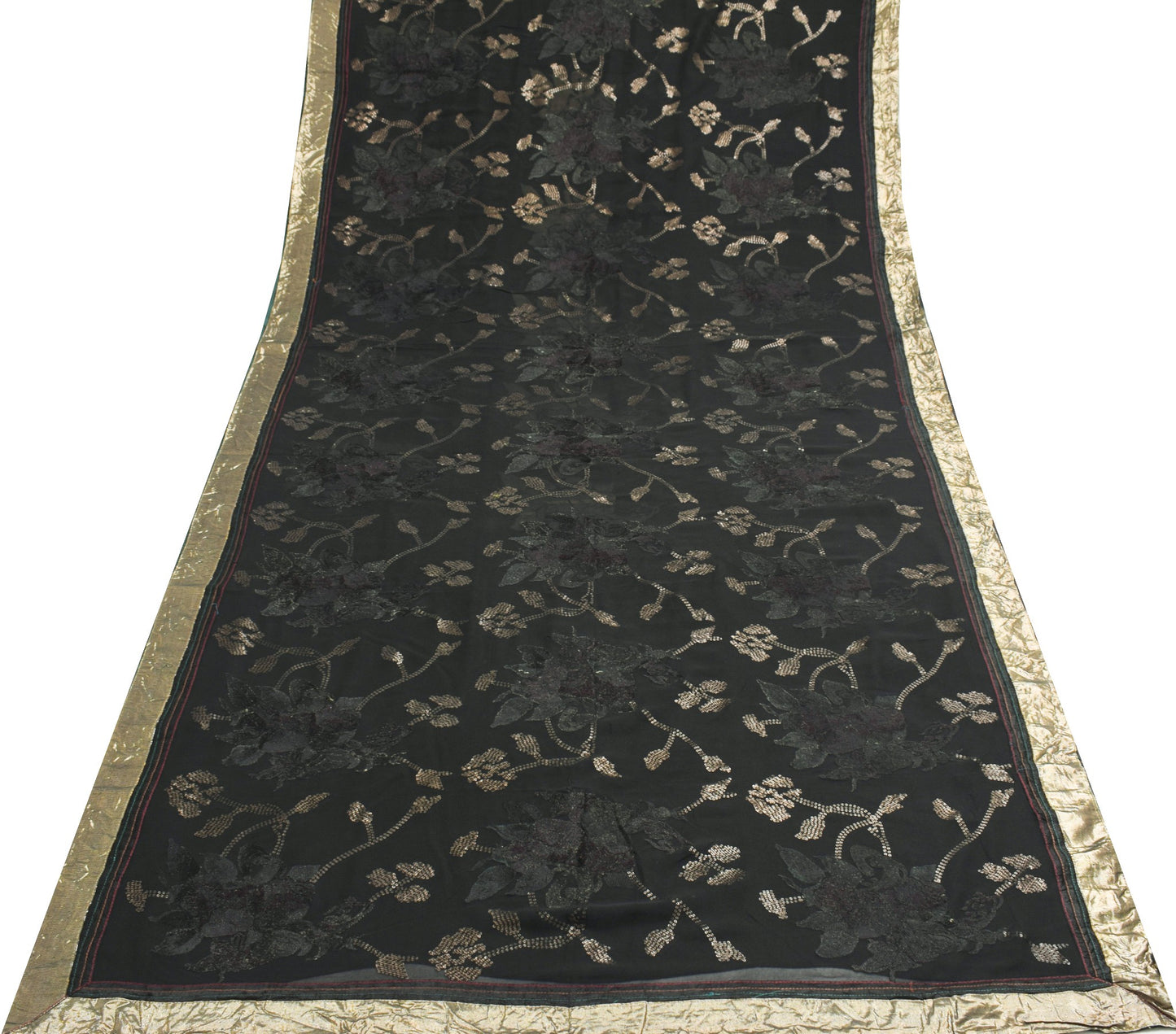 Sushila Vintage HEAVY Black Saree Pure Georgette Sequins Embellish Sari Fabric