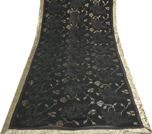 Sushila Vintage HEAVY Black Saree Pure Georgette Sequins Embellish Sari Fabric