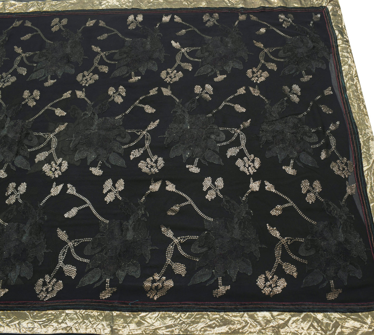 Sushila Vintage HEAVY Black Saree Pure Georgette Sequins Embellish Sari Fabric