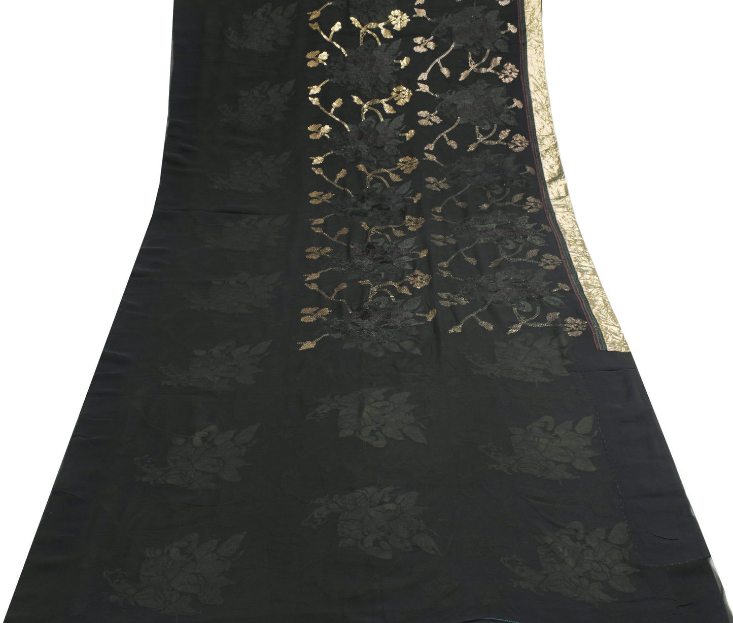 Sushila Vintage HEAVY Black Saree Pure Georgette Sequins Embellish Sari Fabric