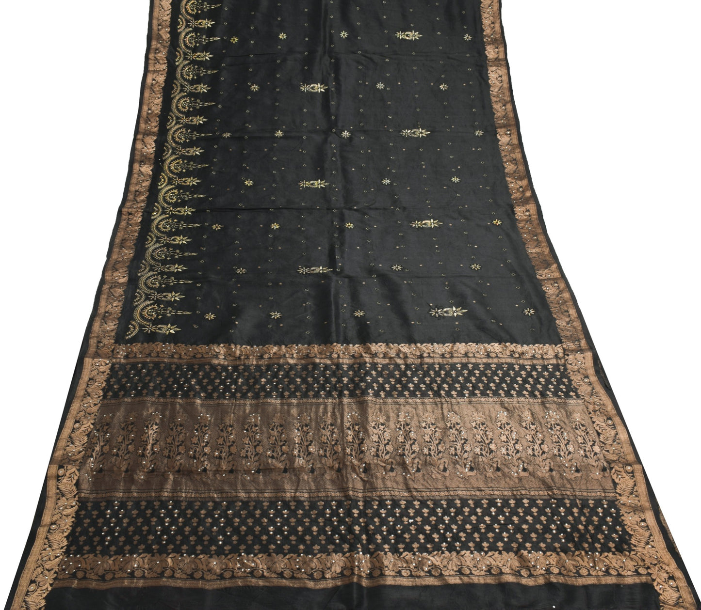 Sushila Vintage HEAVY Black Saree Pure South Silk Floral Brocade Zari Sari Fabri