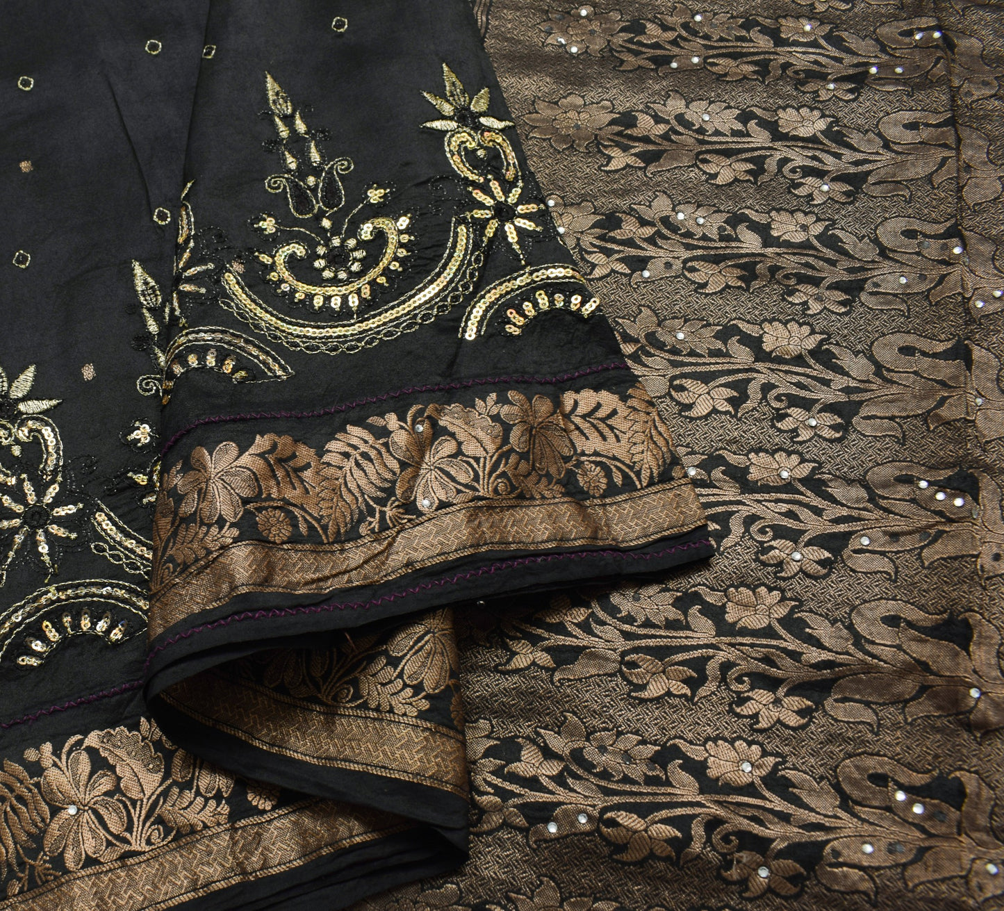 Sushila Vintage HEAVY Black Saree Pure South Silk Floral Brocade Zari Sari Fabri