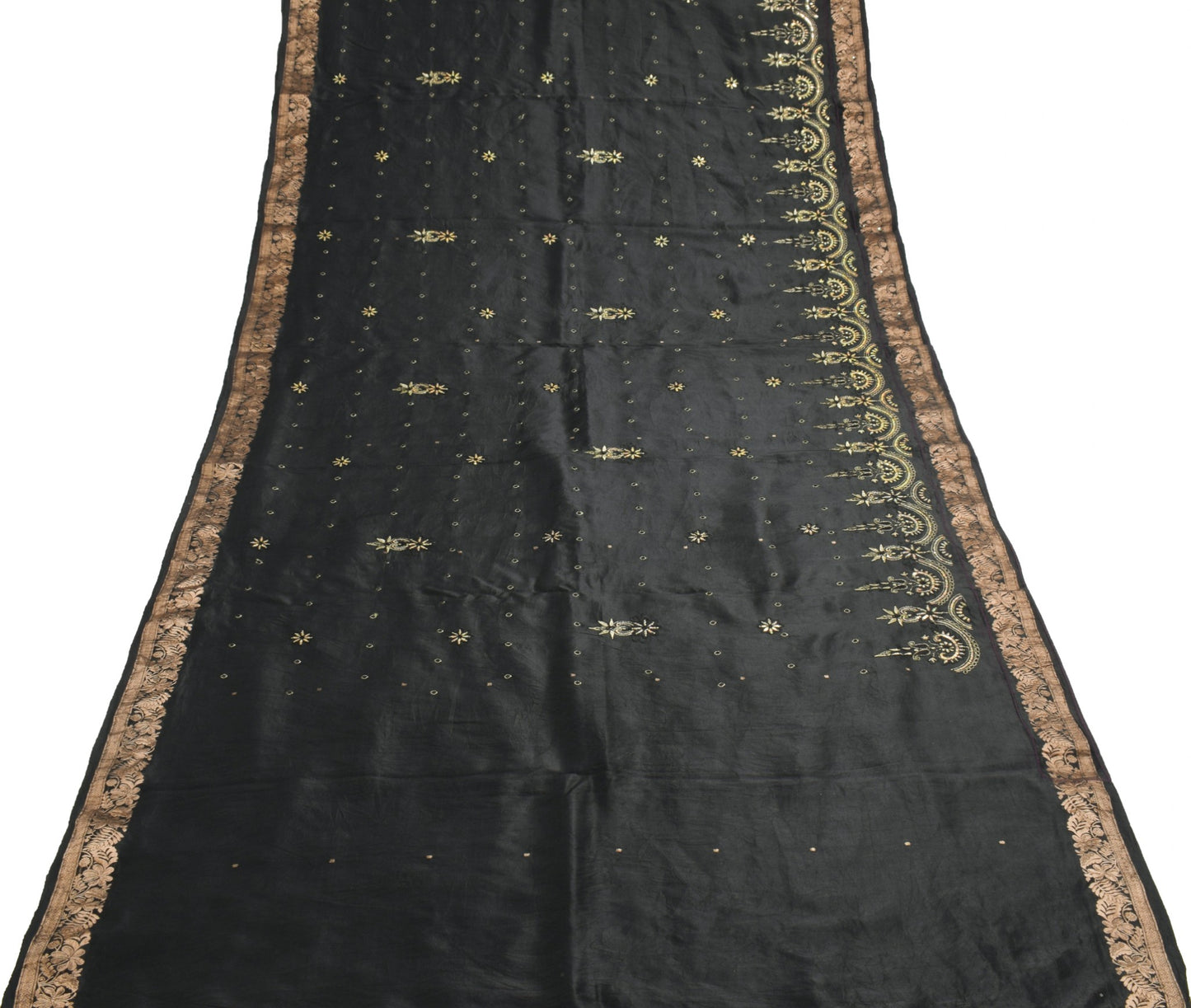 Sushila Vintage HEAVY Black Saree Pure South Silk Floral Brocade Zari Sari Fabri