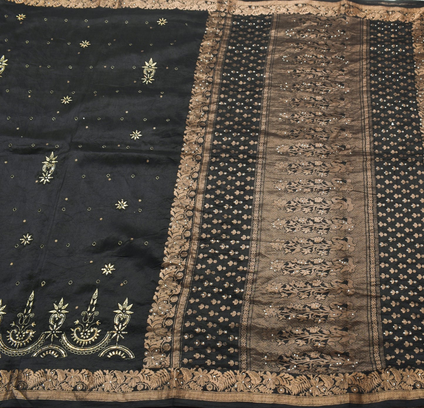 Sushila Vintage HEAVY Black Saree Pure South Silk Floral Brocade Zari Sari Fabri