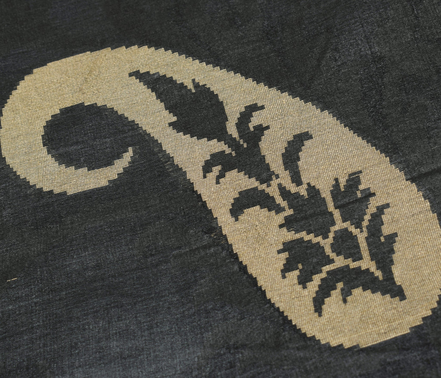 Sushila Vintage Black Saree with Green Border Pure Tussar Silk Woven Sari Fabric