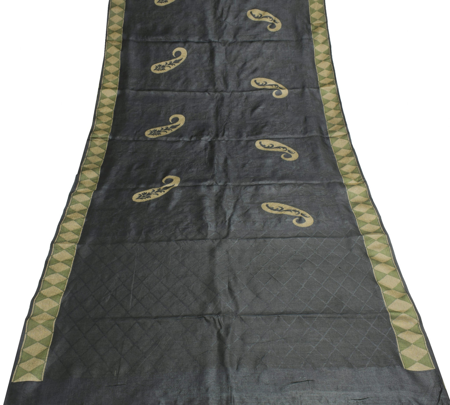 Sushila Vintage Black Saree with Green Border Pure Tussar Silk Woven Sari Fabric