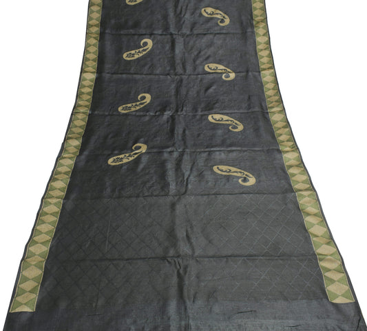 Sushila Vintage Black Saree with Green Border Pure Tussar Silk Woven Sari Fabric