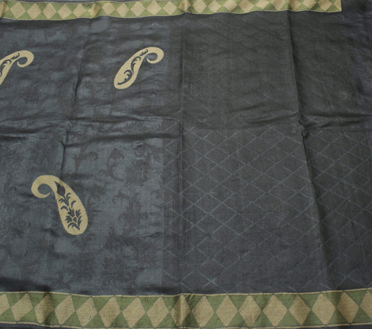 Sushila Vintage Black Saree with Green Border Pure Tussar Silk Woven Sari Fabric