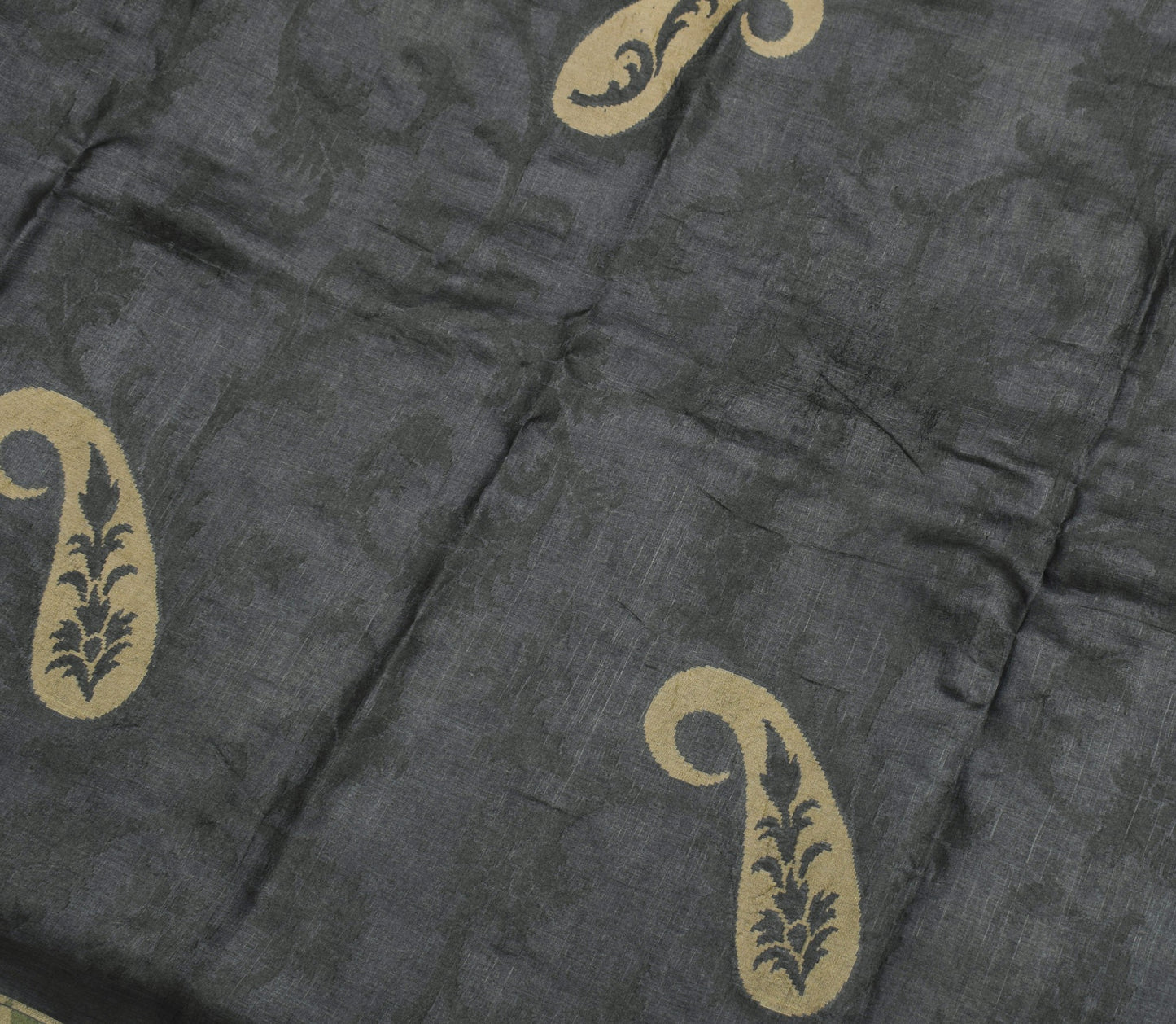 Sushila Vintage Black Saree with Green Border Pure Tussar Silk Woven Sari Fabric