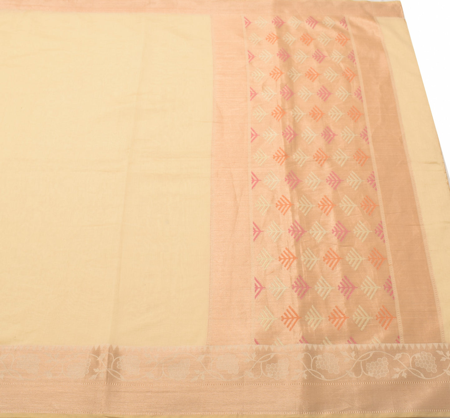 Sushila Vintage Cream Saree with Woven Border Pallu Pure Cotton 5 YD Sari Fabric