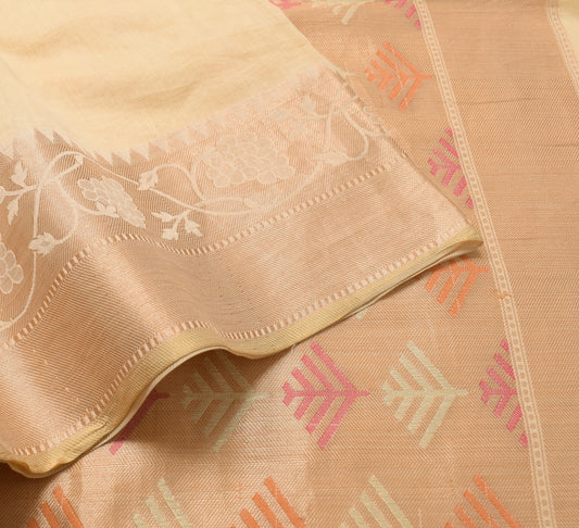 Sushila Vintage Cream Saree with Woven Border Pallu Pure Cotton 5 YD Sari Fabric