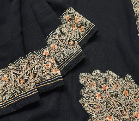 Sushila Vintage Embroidered Black Saree Art Georgette Silk Floral Sari Fabric