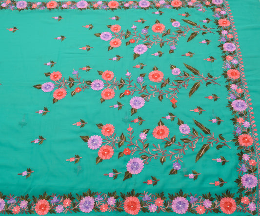 Sushila Vintage Kashmiri Embroidery Saree Art Georgette Floral Teal Green Fabric