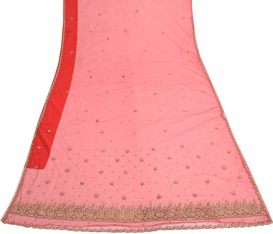 Sushila Vintage Red Wedding Saree Net Mesh Zardozi Work Floral Sari Craft Fabric