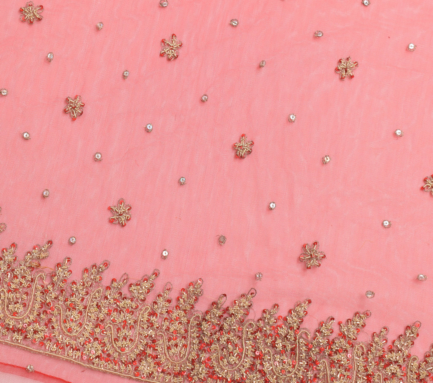 Sushila Vintage Red Wedding Saree Net Mesh Zardozi Work Floral Sari Craft Fabric