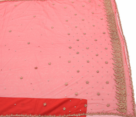 Sushila Vintage Red Wedding Saree Net Mesh Zardozi Work Floral Sari Craft Fabric