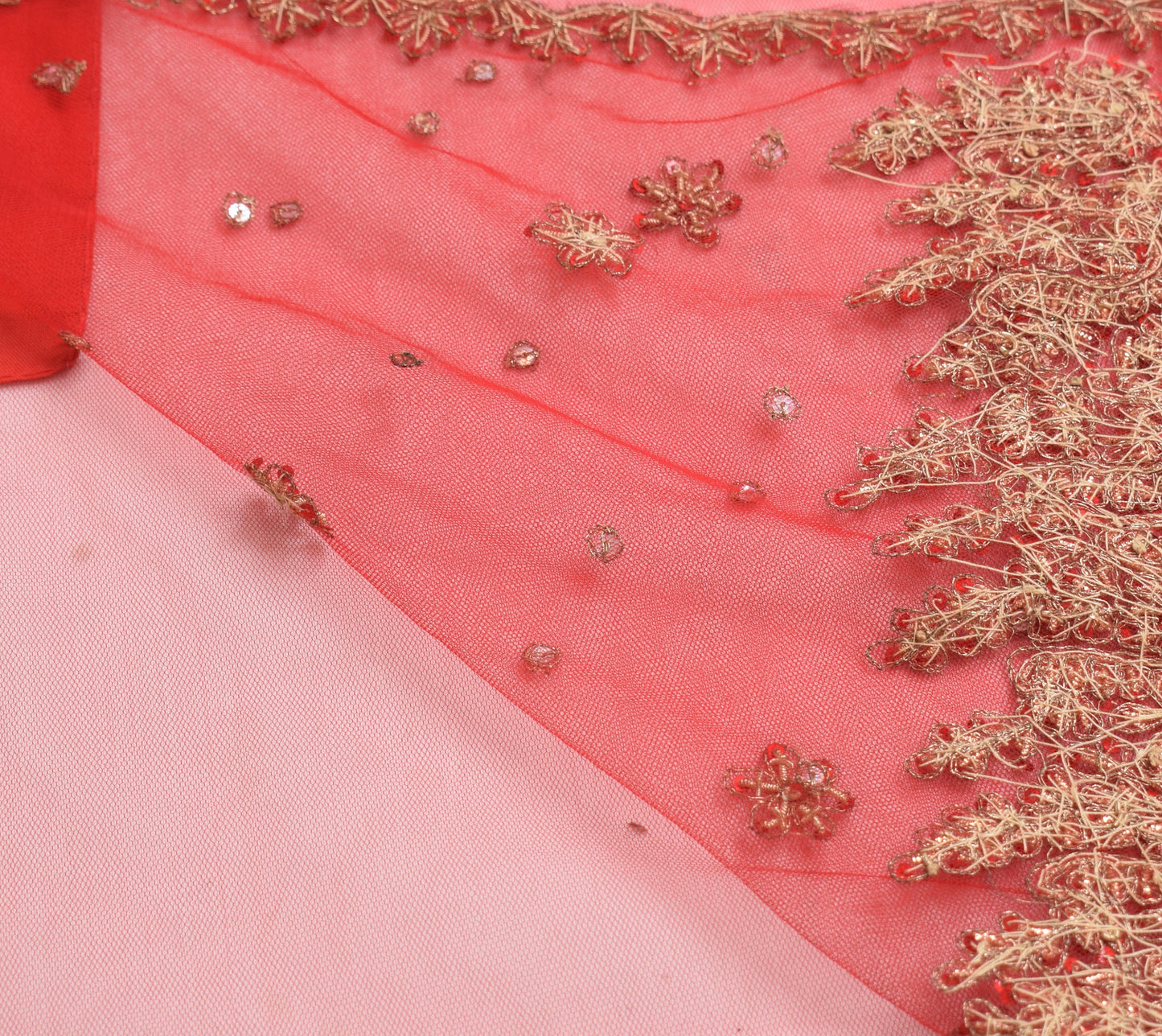 Sushila Vintage Red Wedding Saree Net Mesh Zardozi Work Floral Sari Craft Fabric