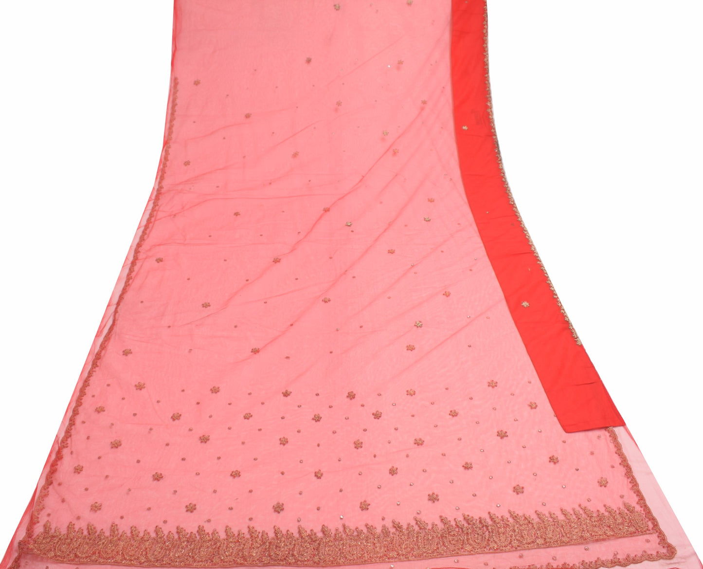 Sushila Vintage Red Wedding Saree Net Mesh Zardozi Work Floral Sari Craft Fabric