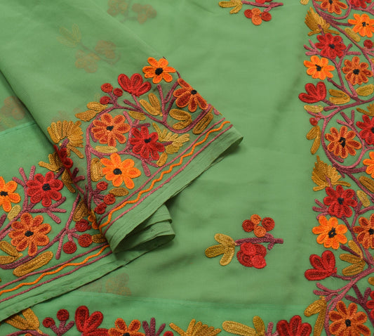 Sushila Vintage Kashmiri Embroidery Saree Art Georgette Green Floral Sari Fabric
